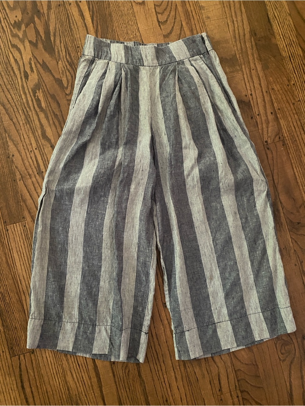 Striped Wide-Leg 100% Linen Culottes in Blue and Cream
